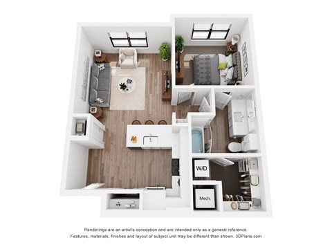 A 3D floor plan of a small apartment with a kitchen, living room, and bathroom.